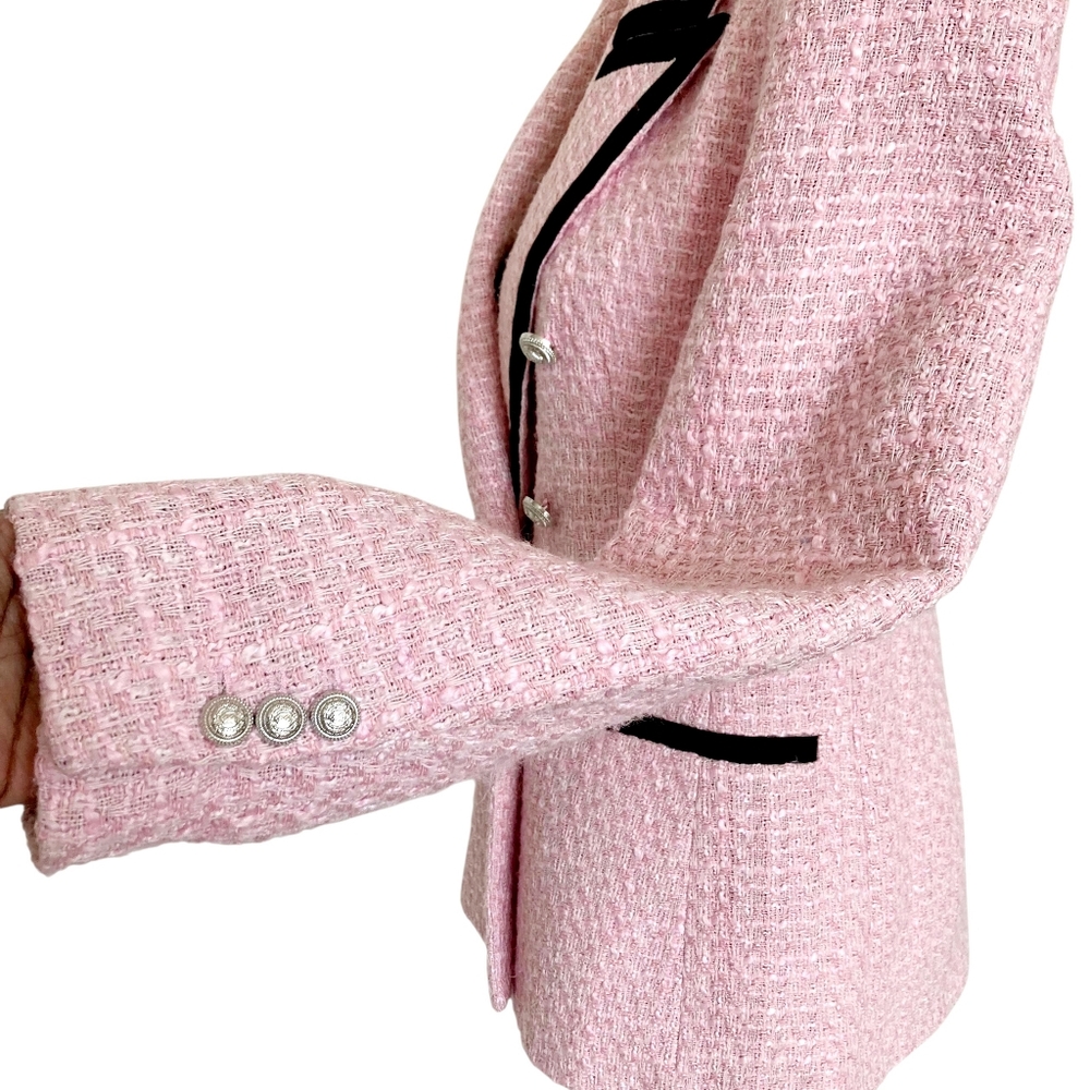 SOLD Zara Tweed pink Double Breasted Blazer Jacket L Structured contrast Black - Picture 8 of 17